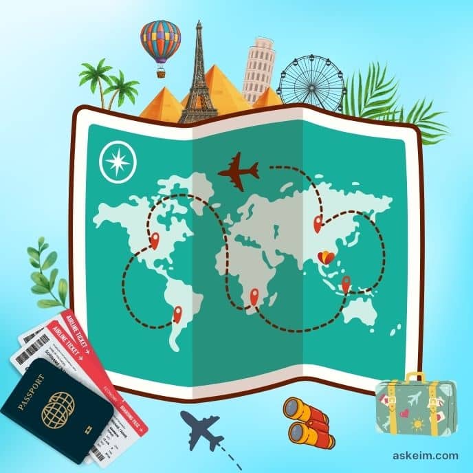 world map with travel images such as passport plane suitcase