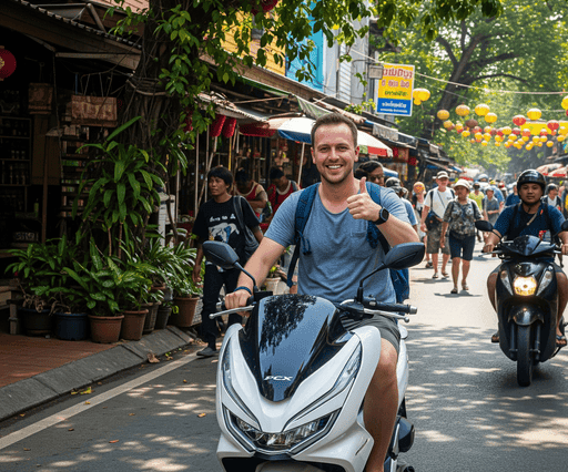 foreigner in Thailand riding a motorcycle